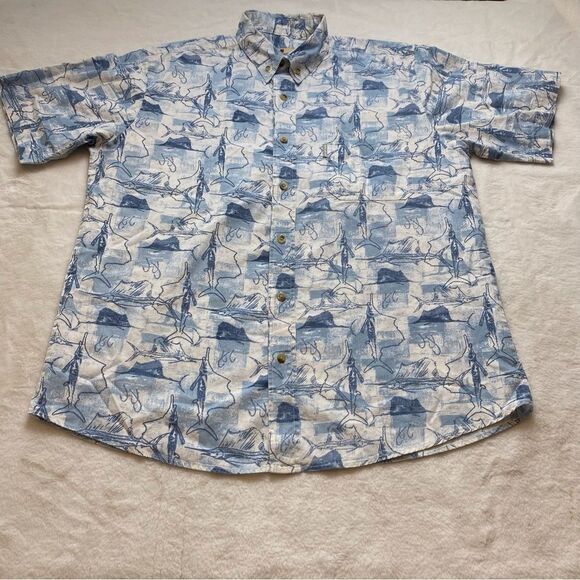 Woolrich Moccasin Saltwater Fish Short Sleeve Button Down Shirt Size Large - Picture 1 of 12
